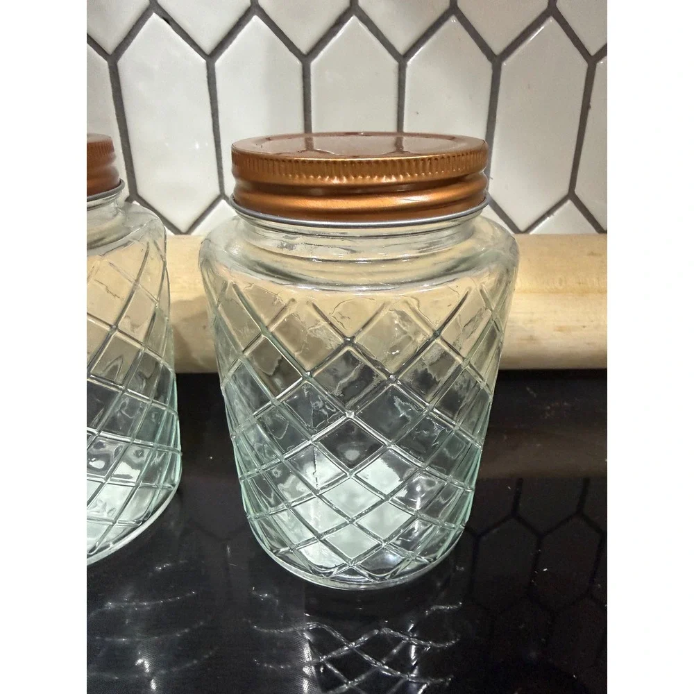 Set of 2 Diamond Textured Glass Jars with Copper Lids 5.5 Inch Storage Canisters
